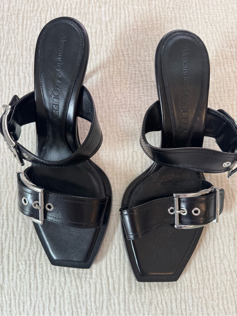 Alexander McQueen Black Leather Buckle Square-Toe Heels